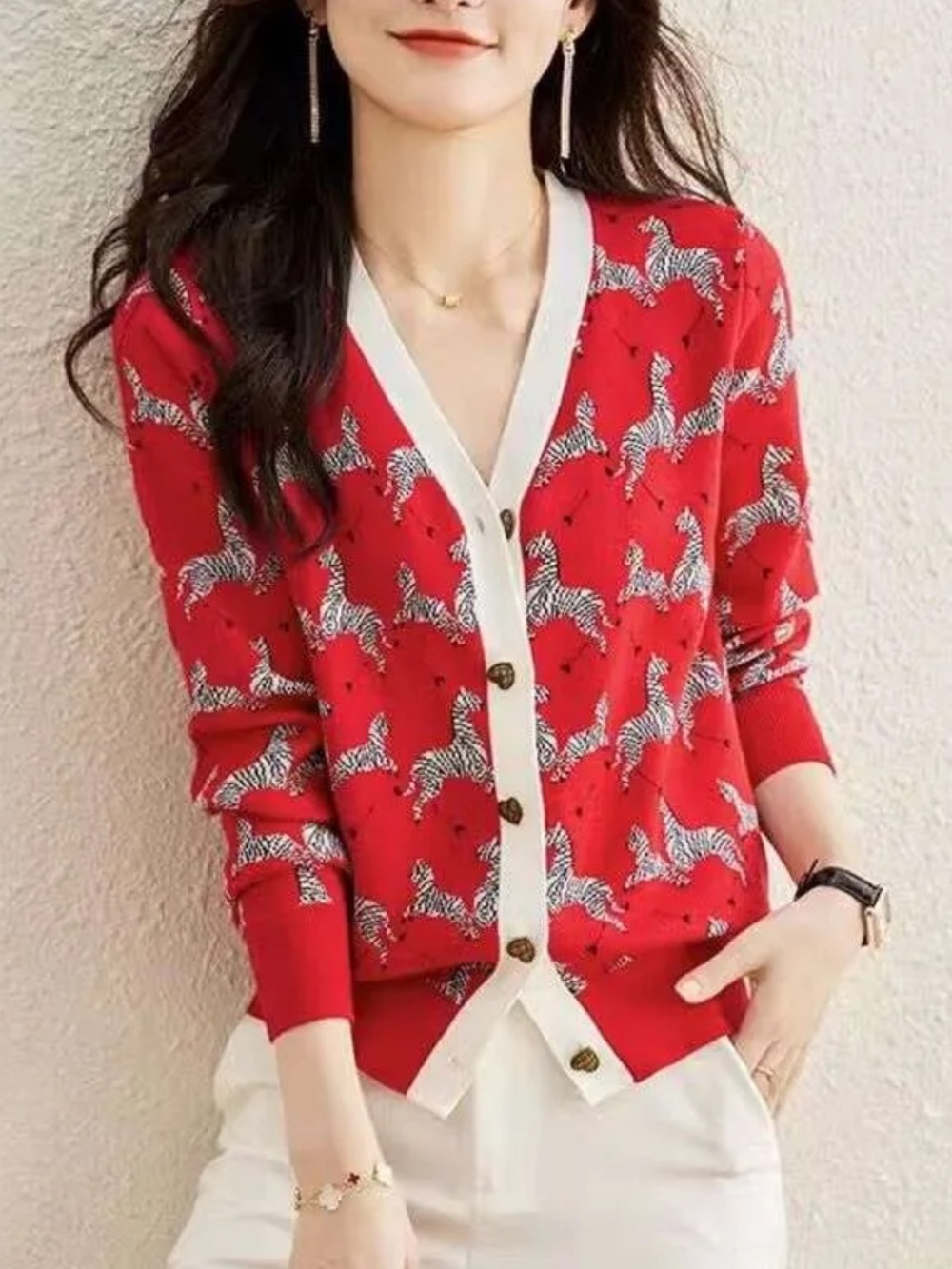 Red Zebra-Print V-Neck Button Cardigan Sweater